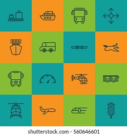 Set Of 16 Delivery Icons. Includes Speed Checker, Safety Belt, Metro And Other Symbols. Beautiful Design Elements.