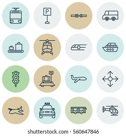 Set Of 16 Delivery Icons. Includes Chopper, Plane, Stoplight And Other Symbols. Beautiful Design Elements.