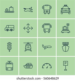 Set Of 16 Delivery Icons. Includes Air Transport, Plane, Speed Checker And Other Symbols. Beautiful Design Elements.