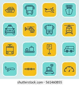 Set Of 16 Delivery Icons. Includes Safety Belt, Car Vehicle, Flight Vehicle And Other Symbols. Beautiful Design Elements.