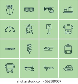 Set Of 16 Delivery Icons. Includes Stoplight, Vehicle, Roadsign And Other Symbols. Beautiful Design Elements.