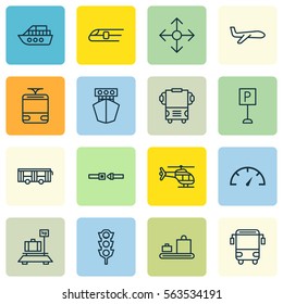 Set Of 16 Delivery Icons. Includes Metro, Baggage Carousel, Flight Vehicle And Other Symbols. Beautiful Design Elements.