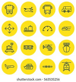 Set Of 16 Delivery Icons. Includes Flight Vehicle, Safety Belt, Chopper And Other Symbols. Beautiful Design Elements.