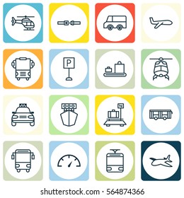 Set Of 16 Delivery Icons. Includes Vehicle, Air Transport, Safety Belt And Other Symbols. Beautiful Design Elements.
