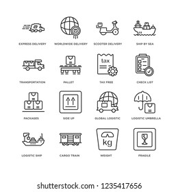 Set Of 16 Delivery and logistics line icons such as Fragile, Weight, express delivery, Logistic Ship, Umbrella, Global Logistic, scooter editable stroke icon pack, pixel perfect