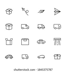 Set of 16 delivery thin line icons. High quality pictograms of logistics. Modern line art style icons collection.