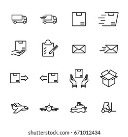 Set of 16 delivery thin line icons. High quality pictograms of logistics. Modern line art style icons collection. 