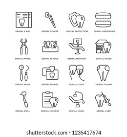 Set Of 16 Dentist linear icons such as Dental care, chair, X ray, drill, filling, floss, Folder, veneer, editable stroke icon pack, pixel perfect