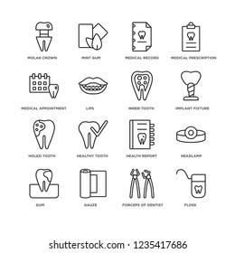 Set Of 16 Dentist linear icons such as Floss, Forceps of dentist tools, Gauze, Gum, Headlamp, Molar crown, Medical appointment, Holed Tooth, Inner editable stroke icon pack, pixel perfect