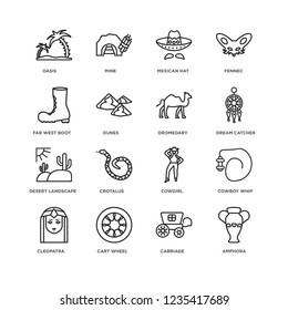 Set Of 16 Desert linear icons such as Amphora, Carriage, Cart Wheel, Cleopatra, cowboy Whip, Oasis, far west Boot, Landscape, Dromedary, editable stroke icon pack, pixel perfect