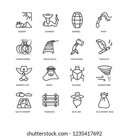 Set Of 16 Desert linear icons such as Old Money Bag, Outlaw, Paddock, Salty desert, Sandstorm, Desert, Tumbleweed, Sheriff Hat, Tomahawk, editable stroke icon pack, pixel perfect