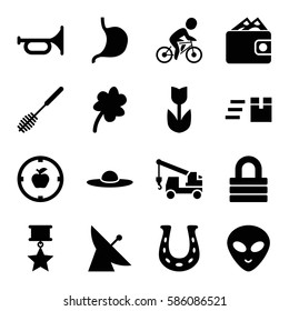 Set of 16 design filled icons such as satellite, Clover, toilet brush, woman hat, lock, truck with hook, alien head, stomach, bicycle, apple target