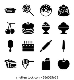  Set of 16 dessert filled icons such as cherry, apple, honey, ice cream on stick, cake, donut, ice cream ball, pie, lollipop, dough pin, ice cream