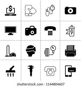 Set of 16 device filled and outline icons such as caliper, vacuum cleaner, print, message on phone, vr, camera, monitor, desk phone, dollar sign on display, camera, spark coil