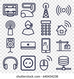 set of 16 device outline icons such as signal tower, vacuum cleaner, heartbeat, signal, mobile phone music, loudspeaker, headset, construction  crane