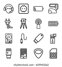  set of 16 device outline icons such as vacuum cleaner, theodolite, signal, operator, flash drive, guitar mediator, camera lense, wire, full battery