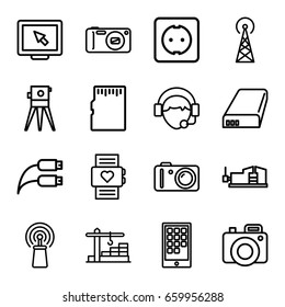 Set of 16 device outline icons such as signal tower, theodolite, vice clamp