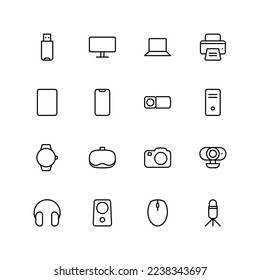 Set of 16 device vector thin line icons, collection of device vector buttons illustration.