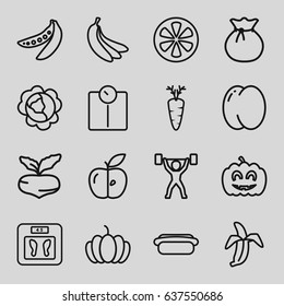 set of 16 diet outline icons such as peach, beet, cabbage, floor scales, pumpkin, apple, carrot, lemon, banana, peas, pumpkin haloween, hot dog, power lifter