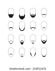 Set of 16 different beard and mustache styles. Vector image.