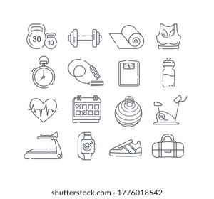 Set of 16 different black and white sport icons with gym equipment and clothing, line drawn vector illustration