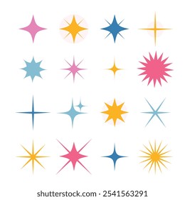 Set with 16 different colorful stars and sparkles. Hand drawn isolated vector illustrations