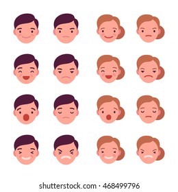 Set of 16 different emotions. Anger and joy. Surprised and hurt. Indifference and shock. Laughter and dream. Cartoon vector flat-style illustration