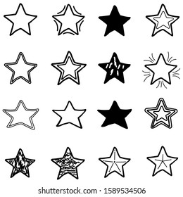 Set of 16 different hand drawn stars, rough handmade, black doodles isolated on white background EPS Vector