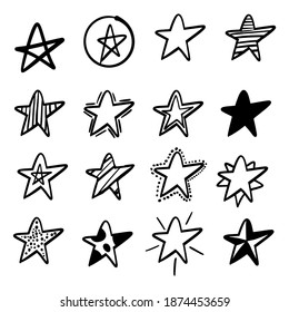 Set of 16 different hand drawn stars, rough handmade, black doodles isolated on white background EPS Vector