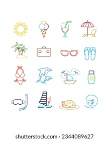 Set Of 16 Different Line Art Beach Vectors And Summer Icons