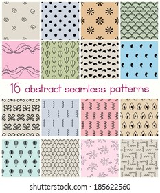 Set of 16 different shapes seamless patterns. Abstract geometric patterns collection. Endless textures for printing, fabrics, paper or scrap booking. Vector file EPS8, each pattern is grouped apart.