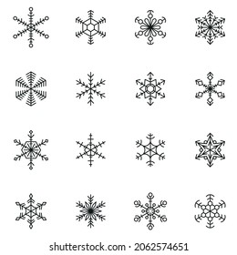set of 16 different silhouette geometry snowflakes