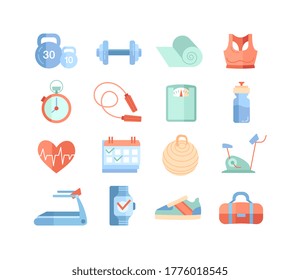 Set of 16 different sport and gym icons including assorted equipment and clothing isolated on white, colored vector illustration