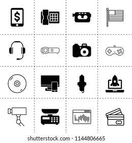 Set of 16 digital filled and outline icons such as spark plug, desk phone, headphone, video camera, camera, pc, start up, dollar sign on display, kitchen scale