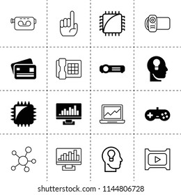 Set of 16 digital filled and outline icons such as key hole in head, chip tuning, joystick, projector, chart on display, bank card, desk phone, play movie, video camera