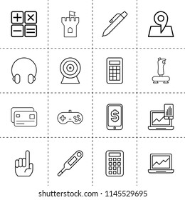Set of 16 digital outline icons such as calculator, pen, joystick, headphones, laptop and phone, dollar sign on mobile phone, graph on laptop, web camera