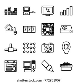 Set of 16 digital outline icons such as laptop connection, 7 number, qr code, pen, cpu in head, display pointer, camera, dvd player, network connection, equalizer