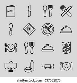 set of 16 dining outline icons such as spoon and fork, plate fork and spoon, restaurant table, dish, knife, restaurant