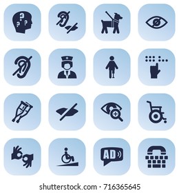Set Of 16 Disabled Icons Set.Collection Of Braille, Tty, Artificial Limb And Other Elements.