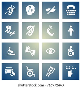 Set Of 16 Disabled Icons Set.Collection Of Stand, Listening Device, Disabled Vehicle Elements.
