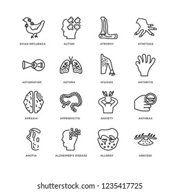 Set Of 16 Diseases linear icons such as Abscess, Allergy, Alzheimer's disease, Anotia, Anthrax, Avian Influenza, Astigmatism, Apraxia, HIV/AIDS, editable stroke icon pack, pixel perfect