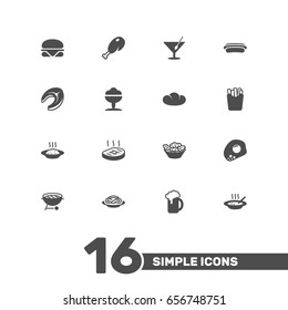 Set Of 16 Dish Icons Set.Collection Of Baguette, Sorbet, Burger And Other Elements.