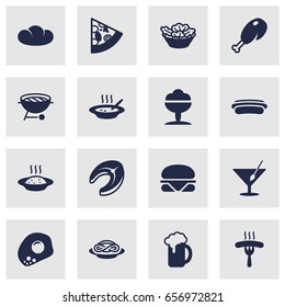Set Of 16 Dish Icons Set.Collection Of Burger, Pepperoni, Eggs And Other Elements.