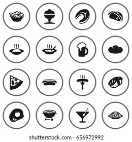 Set Of 16 Dish Icons Set.Collection Of Barbecue, Baguette, Lettuce And Other Elements.