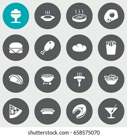Set Of 16 Dish Icons Set.Collection Of Cereal, Frankfurter, Barbecue And Other Elements.