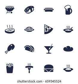 Set Of 16 Dish Icons Set.Collection Of Cereal, Burger, Sausage And Other Elements.