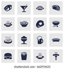 Set Of 16 Dish Icons Set.Collection Of Potato, Cereal, Martini And Other Elements.