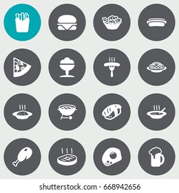 Set Of 16 Dish Icons Set.Collection Of Fried Poultry, Japanese Roll, Frankfurter And Other Elements.