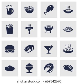 Set Of 16 Dish Icons Set.Collection Of Sorbet, Frankfurter, Mexican Food And Other Elements.