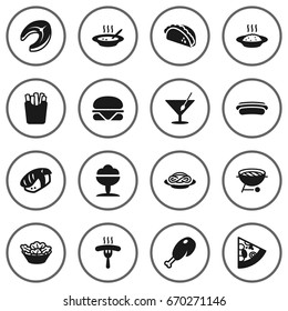 Set Of 16 Dish Icons Set.Collection Of Sorbet, Barbecue, Sausage And Other Elements.